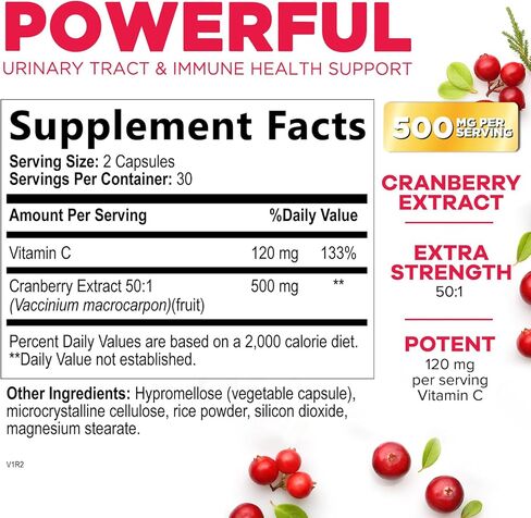 Cranberry Extract Pills + Vitamin C (25,000mg Formula) - Natural Urinary Tract Health Support with Cranberry Supplement for Women & Men - Nature's, Non-GMO, Gluten Free - 60 Capsules in Kuwait