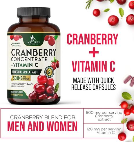 Cranberry Extract Pills + Vitamin C (25,000mg Formula) - Natural Urinary Tract Health Support with Cranberry Supplement for Women & Men - Nature's, Non-GMO, Gluten Free - 60 Capsules in Kuwait
