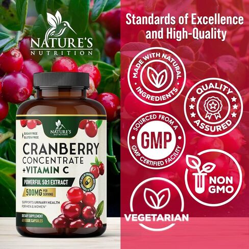 Cranberry Extract Pills + Vitamin C (25,000mg Formula) - Natural Urinary Tract Health Support with Cranberry Supplement for Women & Men - Nature's, Non-GMO, Gluten Free - 60 Capsules in Kuwait