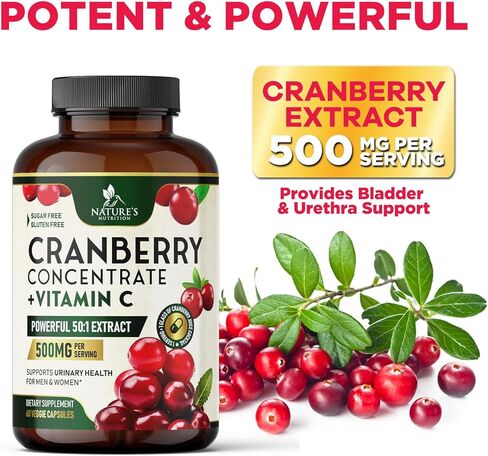 Cranberry Extract Pills + Vitamin C (25,000mg Formula) - Natural Urinary Tract Health Support with Cranberry Supplement for Women & Men - Nature's, Non-GMO, Gluten Free - 60 Capsules in Kuwait