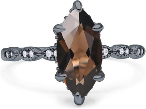 OMRANII Art Deco Marquise Shape Natural Smoky Quartz Vintage Solitaire Hidden Halo Engagement Ring CZ Stones 925 Sterling Silver in Kuwait