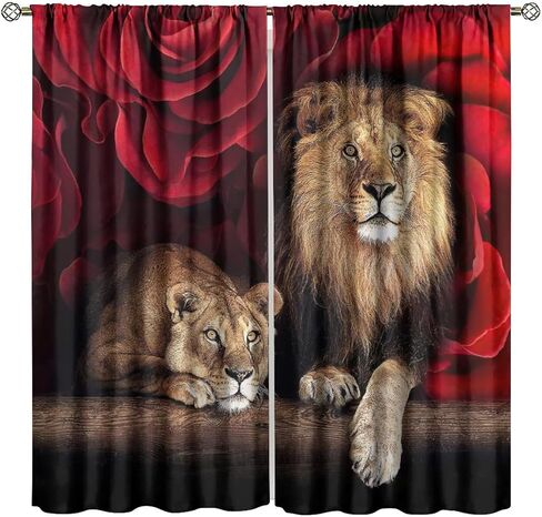 Lion Curtains Africa Wildlife Window Curtain Panels for Teens Adult Bedroom Red Rose Flower Pattern Window Drapes Wildlife Themed Printed Curtains 2 Panel Sets W42 * L45 Inch Decor Style-1 in Kuwait
