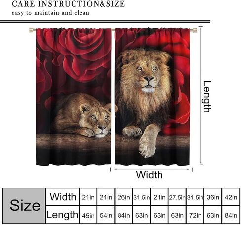 Lion Curtains Africa Wildlife Window Curtain Panels for Teens Adult Bedroom Red Rose Flower Pattern Window Drapes Wildlife Themed Printed Curtains 2 Panel Sets W42 * L45 Inch Decor Style-1 in Kuwait