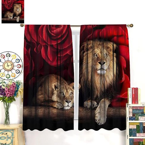 Lion Curtains Africa Wildlife Window Curtain Panels for Teens Adult Bedroom Red Rose Flower Pattern Window Drapes Wildlife Themed Printed Curtains 2 Panel Sets W42 * L45 Inch Decor Style-1 in Kuwait