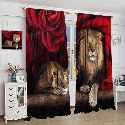Lion Curtains Africa Wildlife Window Curtain Panels for Teens Adult Bedroom Red Rose Flower Pattern Window Drapes Wildlife Themed Printed Curtains 2 Panel Sets W42 * L45 Inch Decor Style-1 in Kuwait