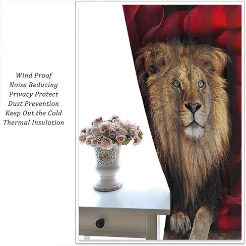 Lion Curtains Africa Wildlife Window Curtain Panels for Teens Adult Bedroom Red Rose Flower Pattern Window Drapes Wildlife Themed Printed Curtains 2 Panel Sets W42 * L45 Inch Decor Style-1 in Kuwait