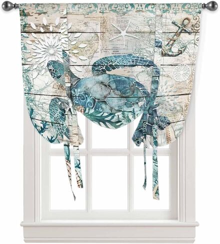 Tie Up Curtains Nautical Turtle Ocean Coral Starfish Retro Wood Grain Bathroom Curtains 42x45in Adjustable Balloon Rod Pocket Drapes for Small Window Summer Turtle Wood Texture Tie Up Shade in Saudi Arabia