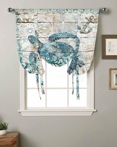 Tie Up Curtains Nautical Turtle Ocean Coral Starfish Retro Wood Grain Bathroom Curtains 42x45in Adjustable Balloon Rod Pocket Drapes for Small Window Summer Turtle Wood Texture Tie Up Shade in Saudi Arabia