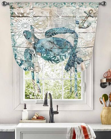Tie Up Curtains Nautical Turtle Ocean Coral Starfish Retro Wood Grain Bathroom Curtains 42x45in Adjustable Balloon Rod Pocket Drapes for Small Window Summer Turtle Wood Texture Tie Up Shade in Saudi Arabia