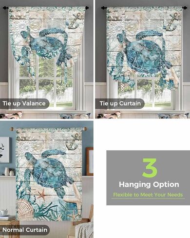 Tie Up Curtains Nautical Turtle Ocean Coral Starfish Retro Wood Grain Bathroom Curtains 42x45in Adjustable Balloon Rod Pocket Drapes for Small Window Summer Turtle Wood Texture Tie Up Shade in Saudi Arabia