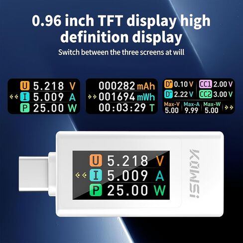 جهاز قياس الجهد والتيار الكهربائي USB C، مقياس الفولتميتر، سعة بنك الطاقة، كاشف شاحن كابل USB مع دليل (KWS-1902L أبيض) in Saudi Arabia