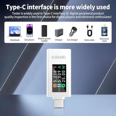 جهاز قياس الجهد والتيار الكهربائي USB C، مقياس الفولتميتر، سعة بنك الطاقة، كاشف شاحن كابل USB مع دليل (KWS-1902L أبيض) in Saudi Arabia