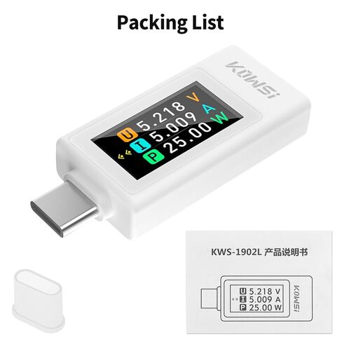 جهاز قياس الجهد والتيار الكهربائي USB C، مقياس الفولتميتر، سعة بنك الطاقة، كاشف شاحن كابل USB مع دليل (KWS-1902L أبيض) in Saudi Arabia
