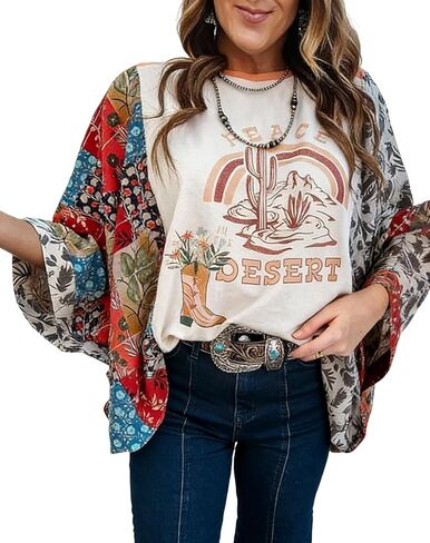 Graphic Tees for Women Boho 3/4 Dolman Sleeve Tops Floral Print Ponchos Crewneck Batwing Tops Loose Western Shirts in Kuwait