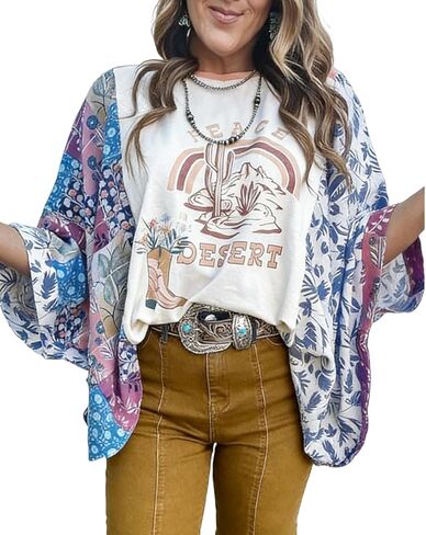 Pinclodly Graphic Tees for Women Boho 3/4 Dolman Sleeve Tops Floral Print Ponchos Crewneck Batwing Tops Loose Western Shirts in Saudi Arabia