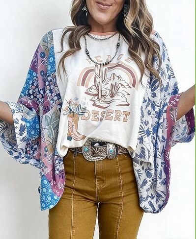 Pinclodly Graphic Tees for Women Boho 3/4 Dolman Sleeve Tops Floral Print Ponchos Crewneck Batwing Tops Loose Western Shirts in Saudi Arabia