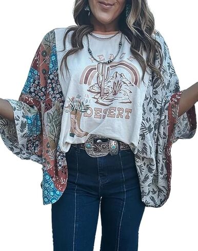 Graphic Tees for Women Boho 3/4 Dolman Sleeve Tops Floral Print Ponchos Crewneck Batwing Tops Loose Western Shirts in Saudi Arabia