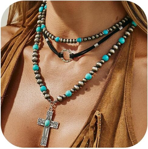 Western Necklaces Boho Turquoise Cross Necklace Set Navajo Pearl Beaded Layered Choker Cowgirl Christian Western Jewelry for Women in Kuwait