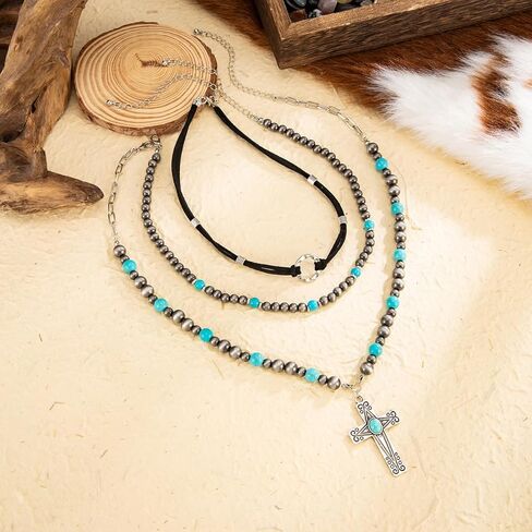Western Necklaces Boho Turquoise Cross Necklace Set Navajo Pearl Beaded Layered Choker Cowgirl Christian Western Jewelry for Women in Kuwait