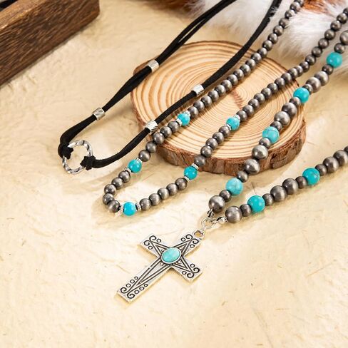 Western Necklaces Boho Turquoise Cross Necklace Set Navajo Pearl Beaded Layered Choker Cowgirl Christian Western Jewelry for Women in Kuwait