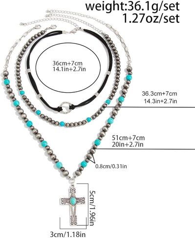 Western Necklaces Boho Turquoise Cross Necklace Set Navajo Pearl Beaded Layered Choker Cowgirl Christian Western Jewelry for Women in Kuwait