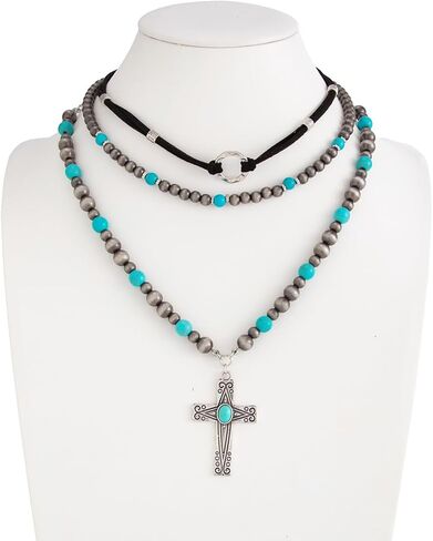 Western Necklaces Boho Turquoise Cross Necklace Set Navajo Pearl Beaded Layered Choker Cowgirl Christian Western Jewelry for Women in Kuwait