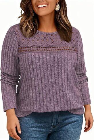 Plus-Size-Sweaters for Women Trendy Long Sleeve Lace Shirts Loose Lightweight Mesh Tops Casual Knit Pullover Tunics in Kuwait