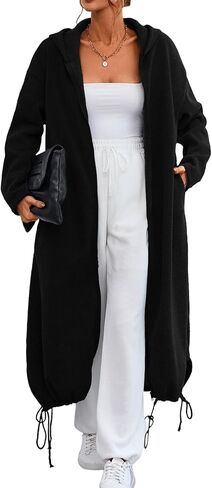 Ebifin Women's Oversized Full Zip Sweatshirts Drop Shoulder Hoodies Drawstring Long Jackets With Pockets Black in Kuwait