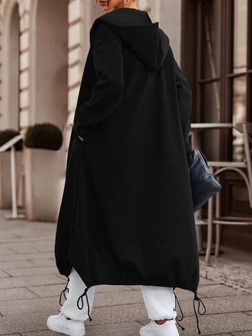 Ebifin Women's Oversized Full Zip Sweatshirts Drop Shoulder Hoodies Drawstring Long Jackets With Pockets Black in Kuwait