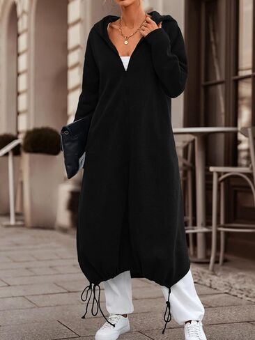 Ebifin Women's Oversized Full Zip Sweatshirts Drop Shoulder Hoodies Drawstring Long Jackets With Pockets Black in Kuwait