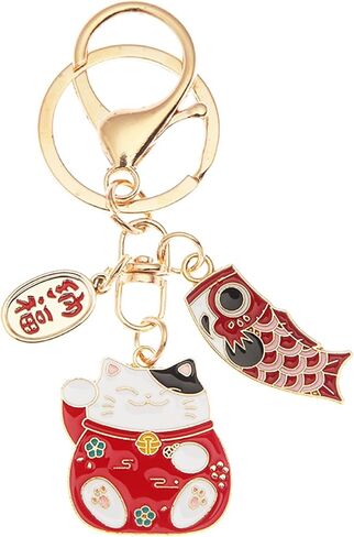 سلسلة مفاتيح POYAMUSE على الطراز الياباني Lucky Cat - Maneki Neko Fortune Charm مع السمكة، قلادة Feng Shui Good Luck للحقائب أو المفتاح in Saudi Arabia
