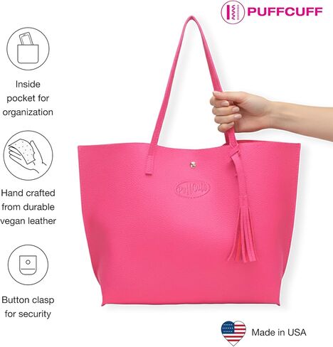 حقيبة حمل باللون الوردي PuffCuff | جلد نباتي | حقيبة يد مع جيب للهاتف ومشبك زر | محفظة العمل | 14 بوصة × 4.25 بوصة × 12 بوصة in Saudi Arabia