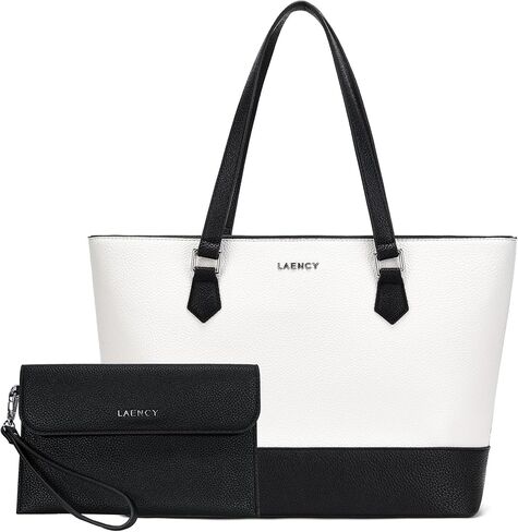 حقيبة يد نسائية - حقيبة يد من الجلد الصناعي ذات سعة كبيرة، تصميم أنيق باللونين الأبيض والأسود، إغلاق بسحاب، مثالية للعمل والاستخدام اليومي، تتضمن حقيبة يد قابلة للفصل in Kuwait