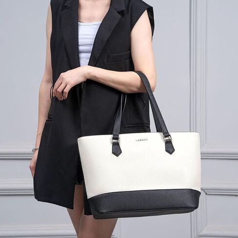 حقيبة يد نسائية - حقيبة يد من الجلد الصناعي ذات سعة كبيرة، تصميم أنيق باللونين الأبيض والأسود، إغلاق بسحاب، مثالية للعمل والاستخدام اليومي، تتضمن حقيبة يد قابلة للفصل in Kuwait