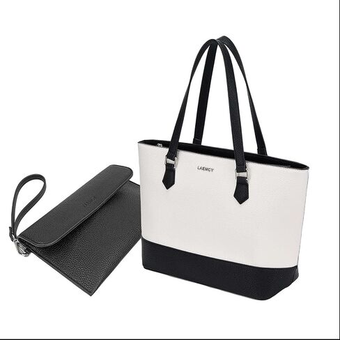حقيبة يد نسائية - حقيبة يد من الجلد الصناعي ذات سعة كبيرة، تصميم أنيق باللونين الأبيض والأسود، إغلاق بسحاب، مثالية للعمل والاستخدام اليومي، تتضمن حقيبة يد قابلة للفصل in Kuwait