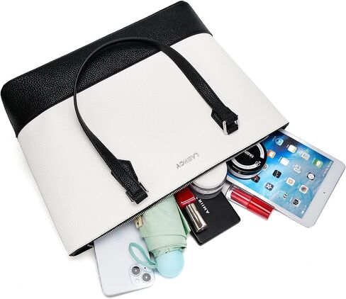 حقيبة يد نسائية - حقيبة يد من الجلد الصناعي ذات سعة كبيرة، تصميم أنيق باللونين الأبيض والأسود، إغلاق بسحاب، مثالية للعمل والاستخدام اليومي، تتضمن حقيبة يد قابلة للفصل in Kuwait