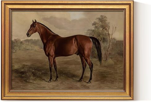 VIYYIEA لوحة فنية مطبوعة على القماش بإطار ذهبي، 30.48 سم × 40.64 سم، لوحة حصان عتيقة، كوخ مزرعة ريفي، ديكور جدار الفروسية للحمام وغرفة النوم، مكتبة رف الكتب، نغمات ترابية in Kuwait