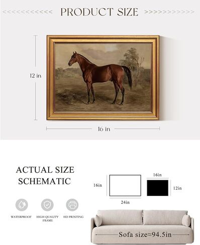 VIYYIEA لوحة فنية مطبوعة على القماش بإطار ذهبي، 30.48 سم × 40.64 سم، لوحة حصان عتيقة، كوخ مزرعة ريفي، ديكور جدار الفروسية للحمام وغرفة النوم، مكتبة رف الكتب، نغمات ترابية in Kuwait