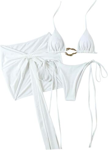 Women's 3 Piece Cheeky Bikini Sets Ring Linked Triangle String Thong Swimsuit with Beach Sarong in Saudi Arabia