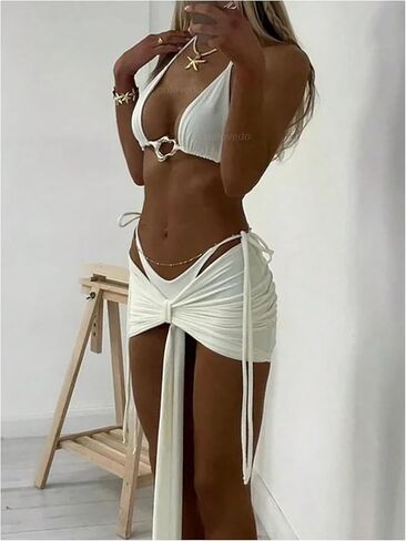 Women's 3 Piece Cheeky Bikini Sets Ring Linked Triangle String Thong Swimsuit with Beach Sarong in Saudi Arabia