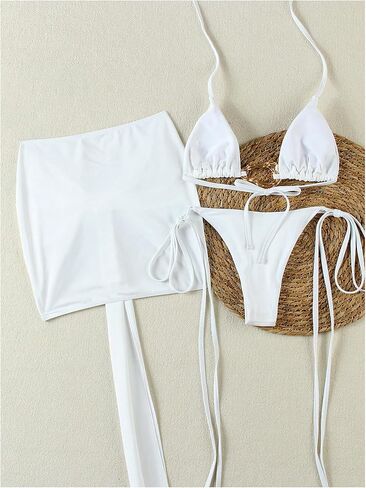 Women's 3 Piece Cheeky Bikini Sets Ring Linked Triangle String Thong Swimsuit with Beach Sarong in Saudi Arabia