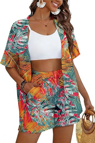 Women's 2 Piece Hawaiian Beach Cover Up Vacation Outfits Swimsuit Tropical Print Kimono Top & Elastic Waist Shorts in Kuwait
