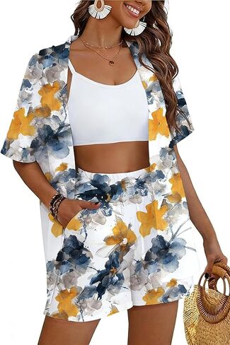 Women's 2 Piece Hawaiian Beach Cover Up Vacation Outfits Swimsuit Tropical Print Kimono Top & Elastic Waist Shorts in Saudi Arabia