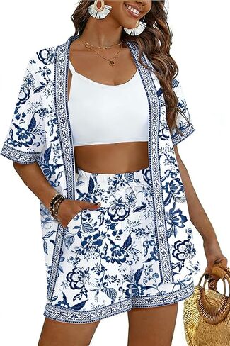 Women's 2 Piece Hawaiian Beach Cover Up Vacation Outfits Swimsuit Tropical Print Kimono Top & Elastic Waist Shorts in Saudi Arabia