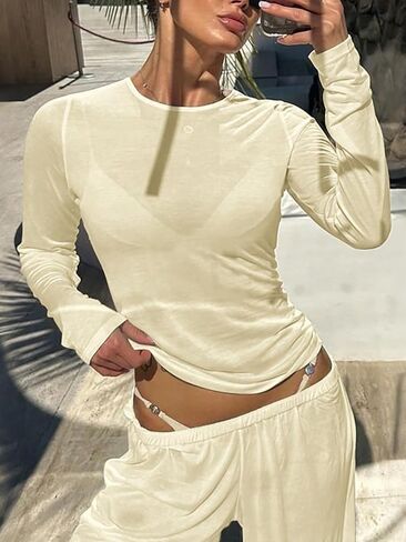 Y2K Stretchy See-Through Long Sleeve Round Neck Slim Fit T-Shirt Going Out Tops in Saudi Arabia