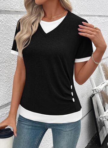 SHEWIN Womens Mock Layered Tops Casual Crewneck Short Sleeve Shirts Contrast Basic Tees in Saudi Arabia