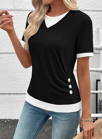 SHEWIN Womens Mock Layered Tops Casual Crewneck Short Sleeve Shirts Contrast Basic Tees in Saudi Arabia