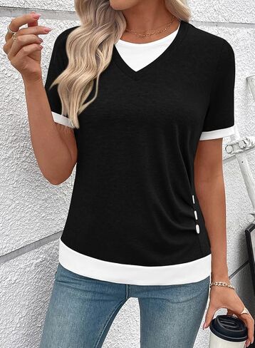 SHEWIN Womens Mock Layered Tops Casual Crewneck Short Sleeve Shirts Contrast Basic Tees in Saudi Arabia