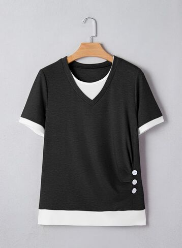 SHEWIN Womens Mock Layered Tops Casual Crewneck Short Sleeve Shirts Contrast Basic Tees in Saudi Arabia