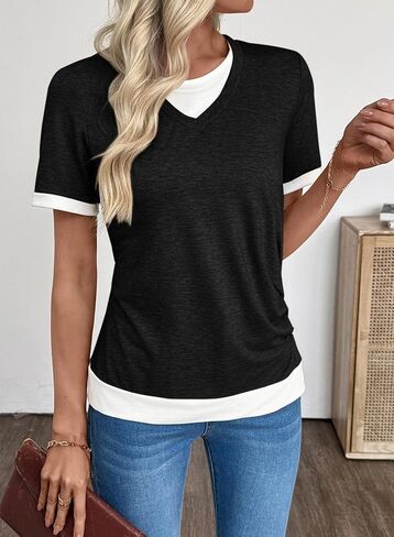 SHEWIN Womens Mock Layered Tops Casual Crewneck Short Sleeve Shirts Contrast Basic Tees in Saudi Arabia